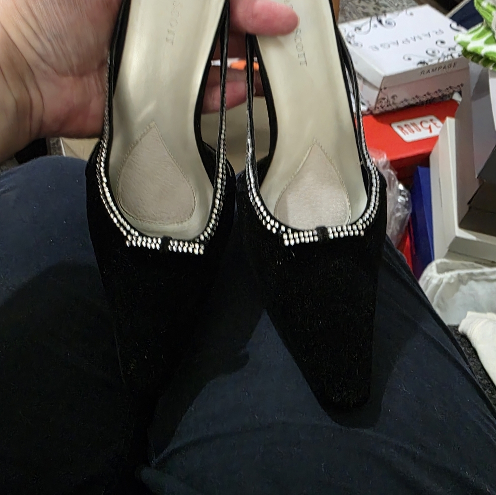 Karen Scott Black Velvet Heels with Silver Accents